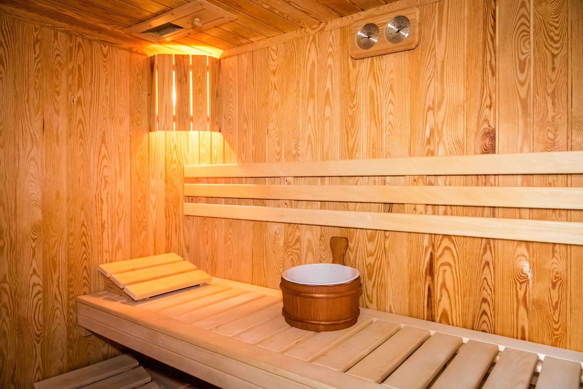 Interior of a wooden bed in a home sauna